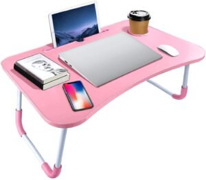 cup laptop table pink wooden portable foldable pre assembled front view