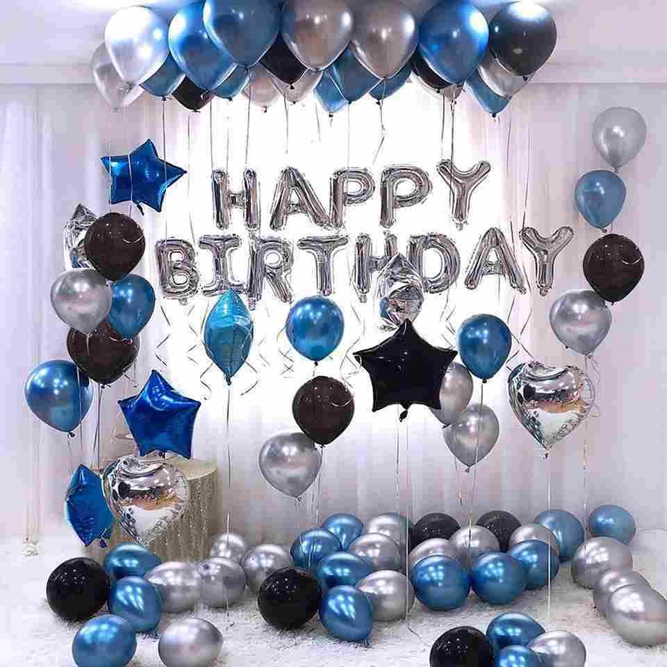 happy birthday balloons decoration view for party color blue and silver