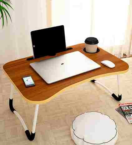 cup laptop table brown wooden portable foldable pre assembled front view