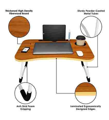 cup laptop table brown wooden portable foldable pre assembled feature explain