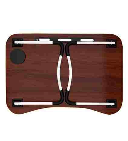 cup laptop table brown wooden portable foldable pre assembled back side view