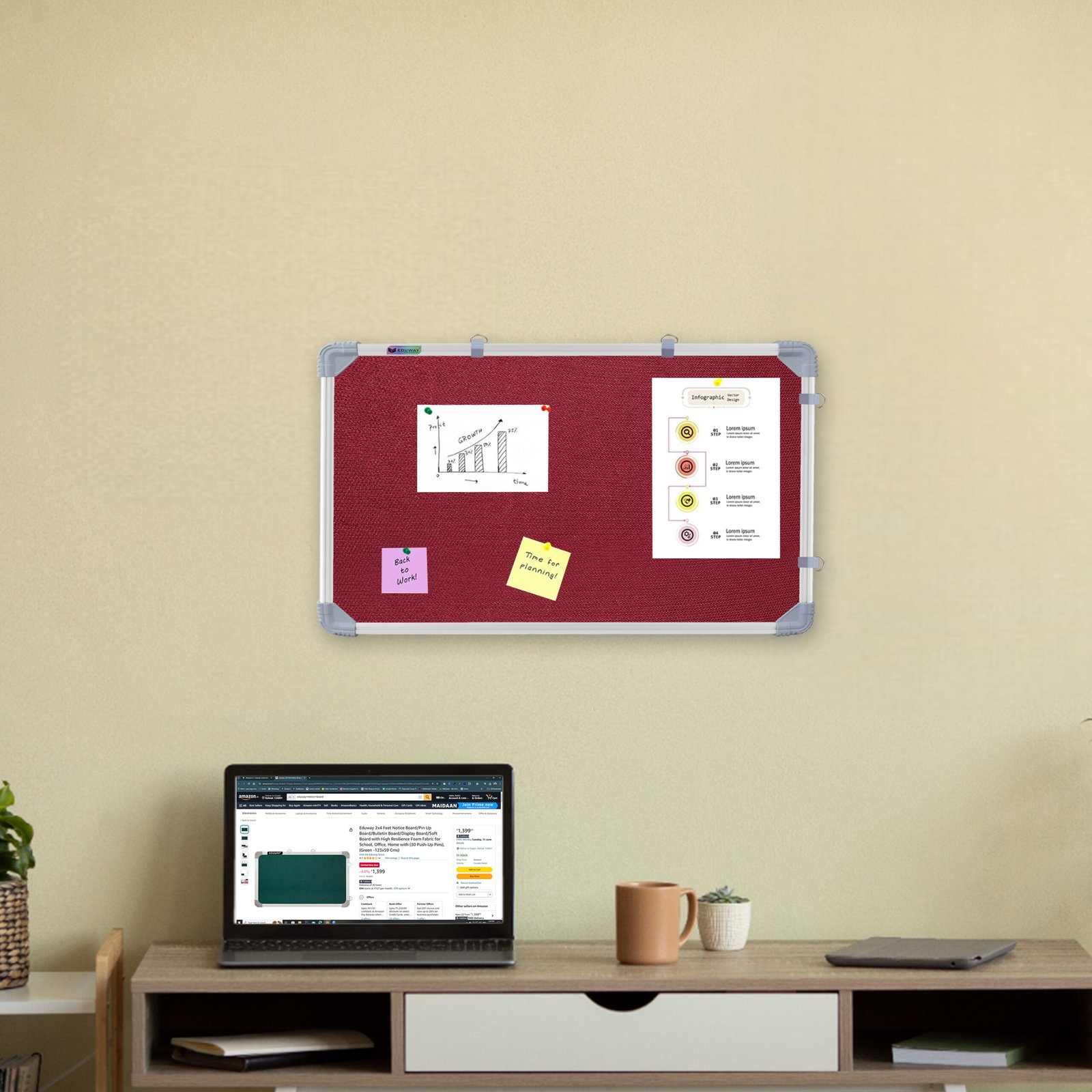 Eduway 1x2 Feet Notice Board with High Resilience Foam Fabric (Maroon - 29x59 Cms.)